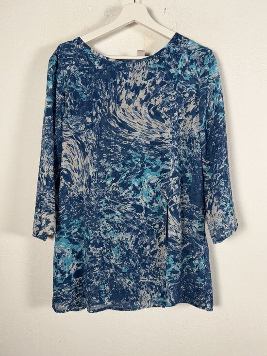 Chico's Tops - Chico's Blue Abstract Marbled Paint Splatter Print 3/4 Sleeve Tunic Blouse Sz 1